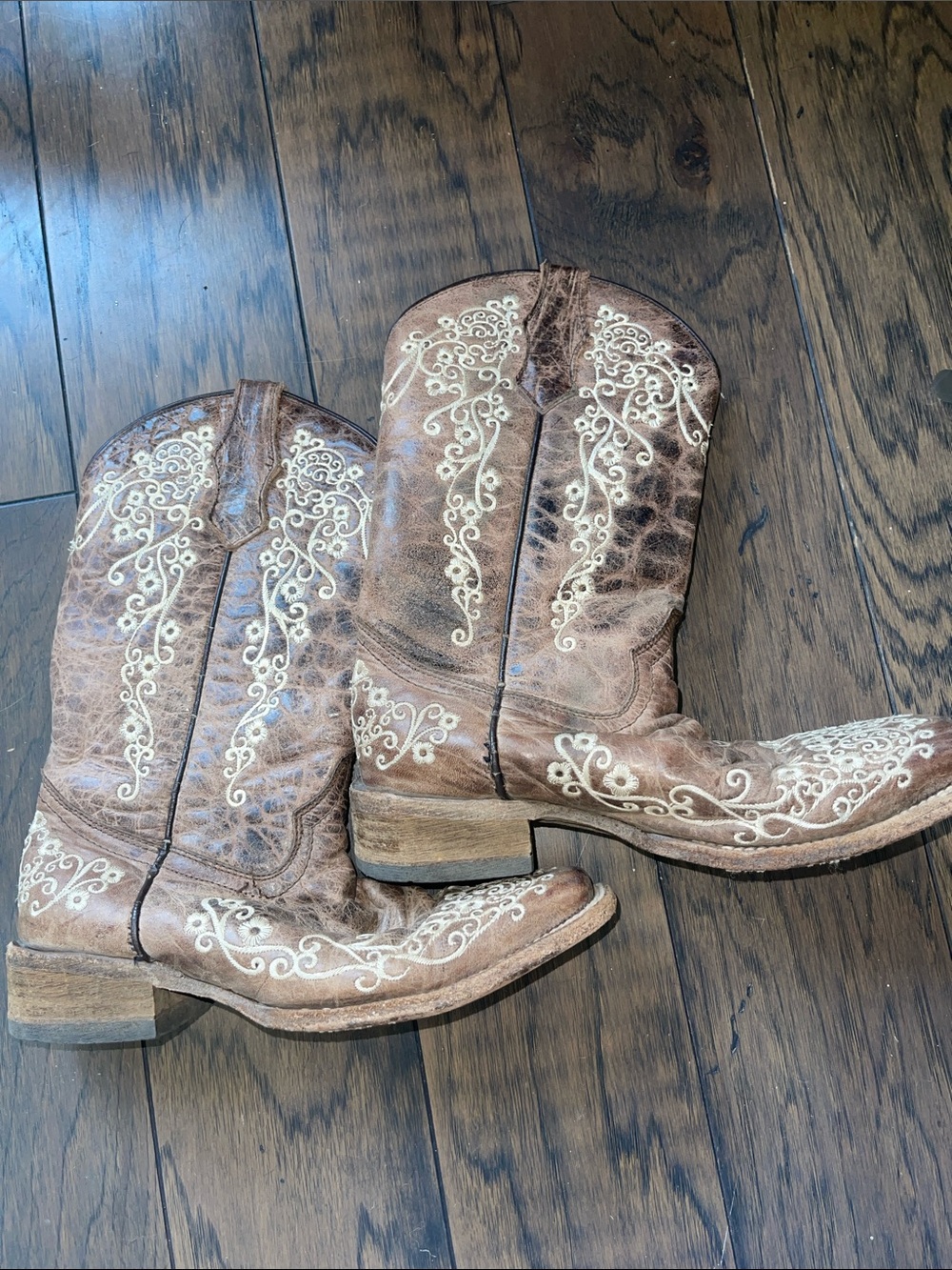 Brown Embroidered Leather Cowboy Boots - Corral Crater Bone Boots